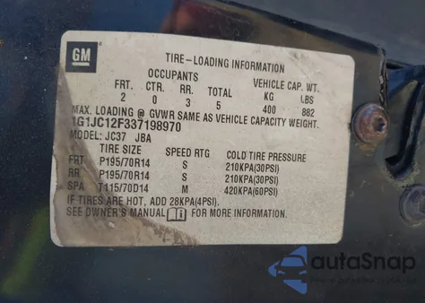 2003 Chevrolet Cavalier from USA, damaged, VIN 1G1JC12F337198970